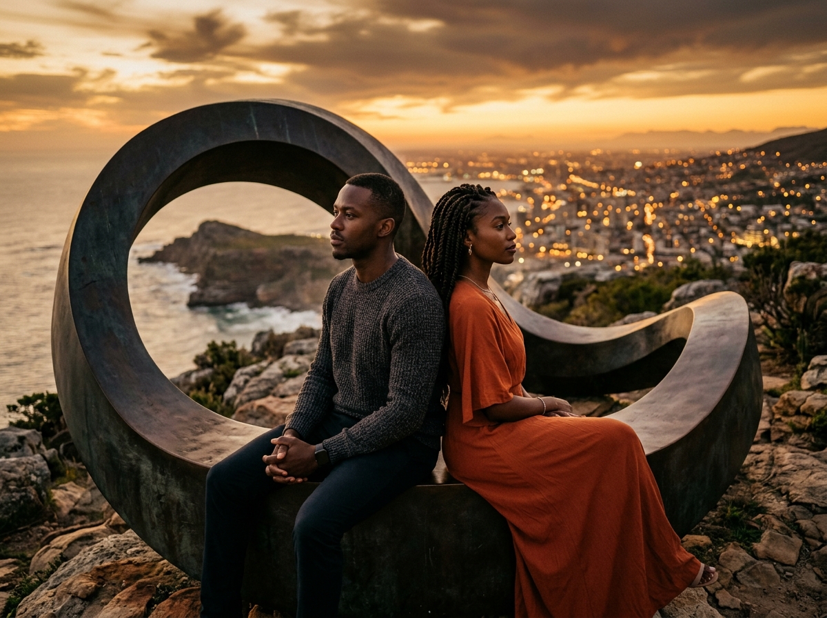Nigerian couple sitting back-to-back atop an architectural infinity loop at sunset